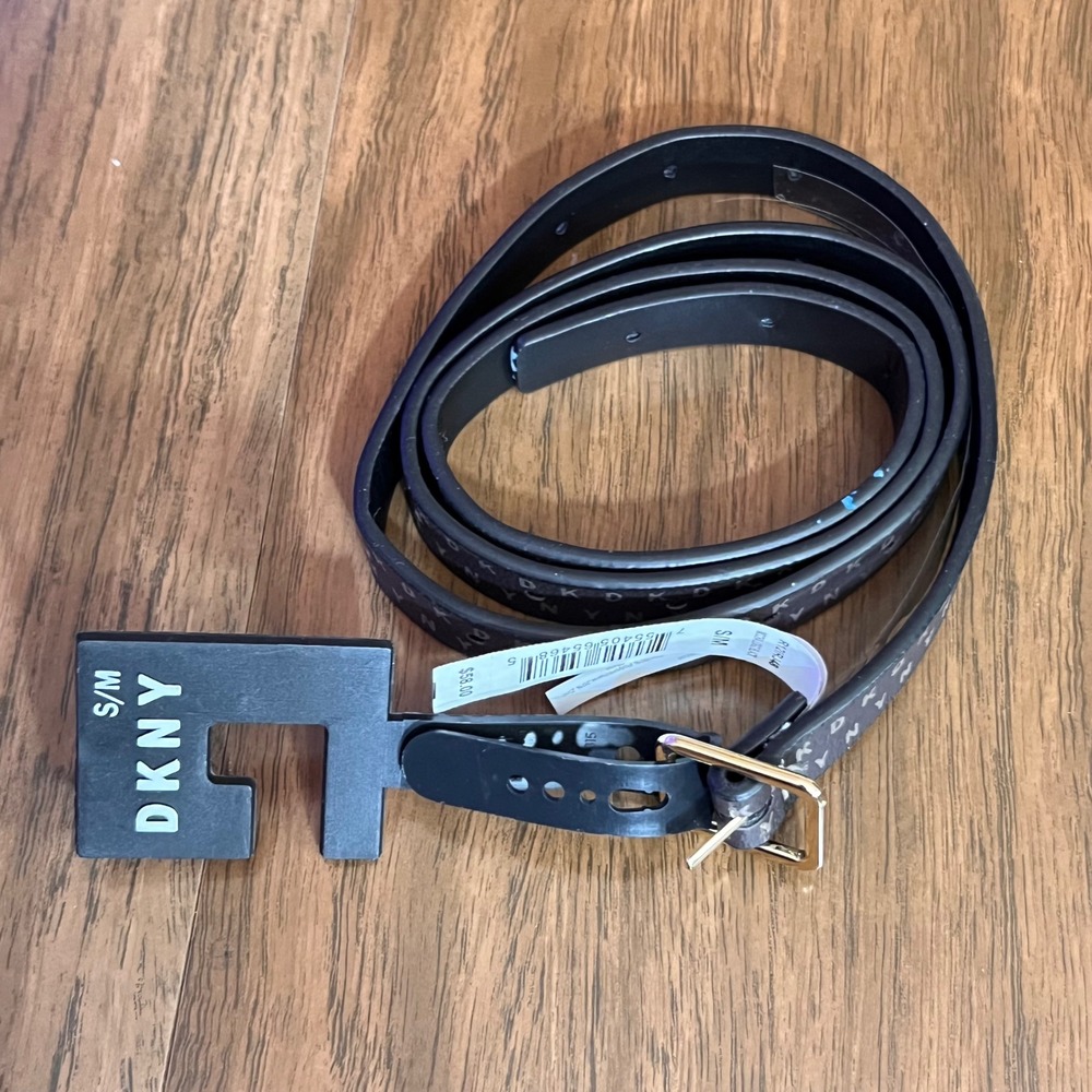 DKNY Logo Belt Women S/M Mocha Black Monogram Gold Buckle Slim Designer Chic